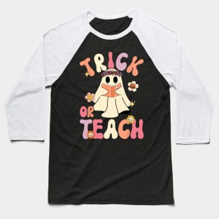 Groovy Halloween Trick or Teach Retro Floral Ghost Teacher Baseball T-Shirt